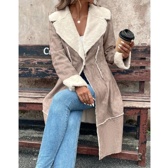 Luxe Vegan Suede Teddy Lined Button Knee Length Jacket Coat - Picture 1 of 11